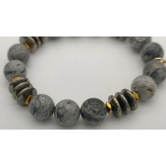Lace Jasper Bracelet Grounding Stone Stretchy Signed Market & King 1406 - Picture 3 of 5